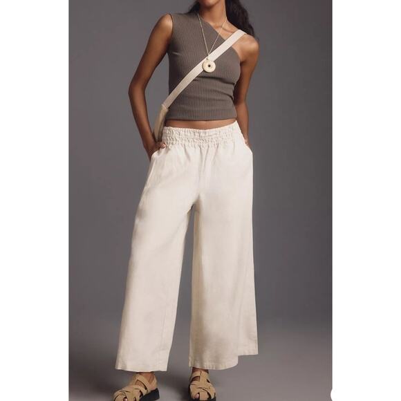 Anthropologie The Somerset Beige Linen Pull-On Wide Leg Pants Med Lagenlook - Picture 1 of 7